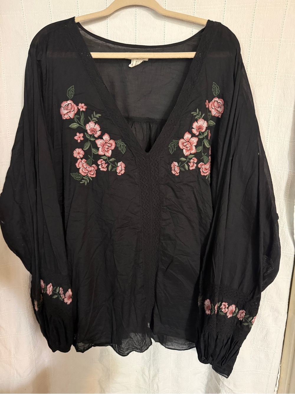 torrid Black V‑Neck Tunic with Pink Rose Embroidery